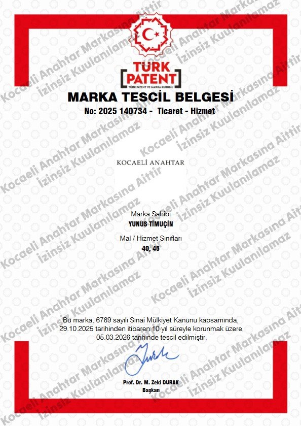 Kocaeli Anahtar TÜRKPATENT Marka Tescil Belgesi - Karar No: 2025 140734
